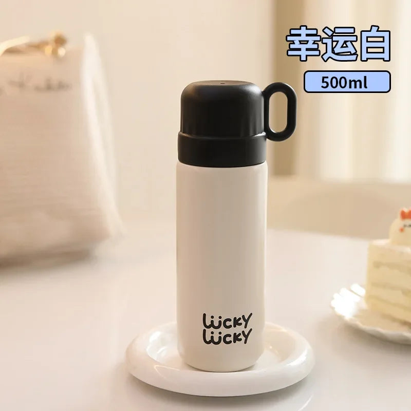 500ml Cartoon Stainless Steel Portable Thermos Cup,Cute Student Water Cup,Outdoor One Cover Dual-use Cup Vacuum Insulated Bottle