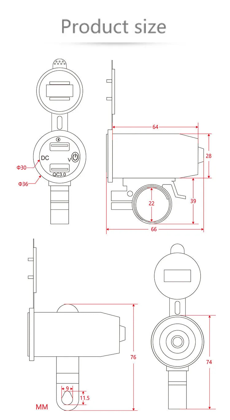 Motorcycle Modified Charger Fast Charger Dual QC3.0 USB LED Voltmeter Display Dual USB Charger Socket Motorcycle and Bicycle Acc