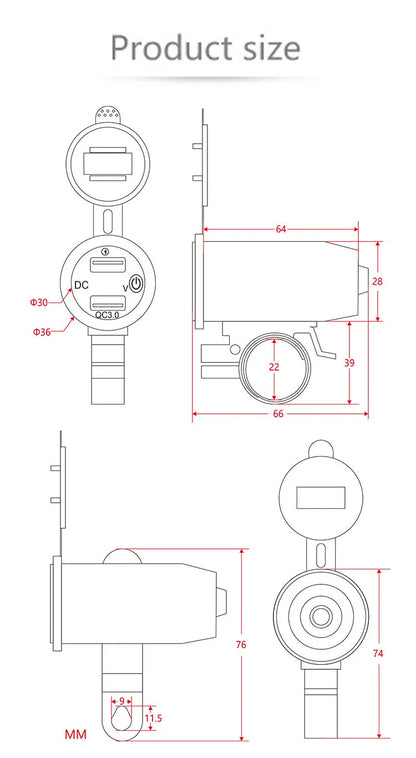 Motorcycle Modified Charger Fast Charger Dual QC3.0 USB LED Voltmeter Display Dual USB Charger Socket Motorcycle and Bicycle Acc