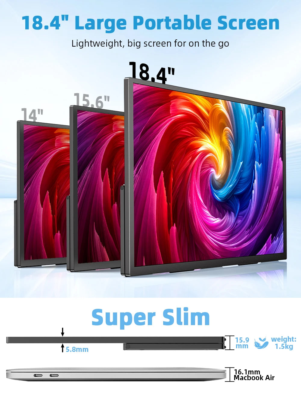 UPERFECT QLED 18.4 Portable Monitors Gaming Displays 4K 60Hz USB C HDMI For PS5/4 Switch Laptop PC Mac Xbox Second Extend Screen