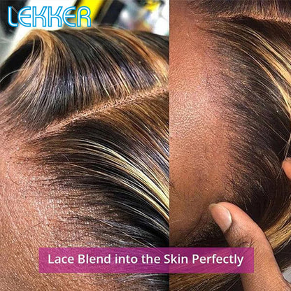 100% Human Hair Wigs Highlight Brown Long Pixie Straight Bob Middle Part lace Front For Women Brazilian Remy hair Glueless Wigs