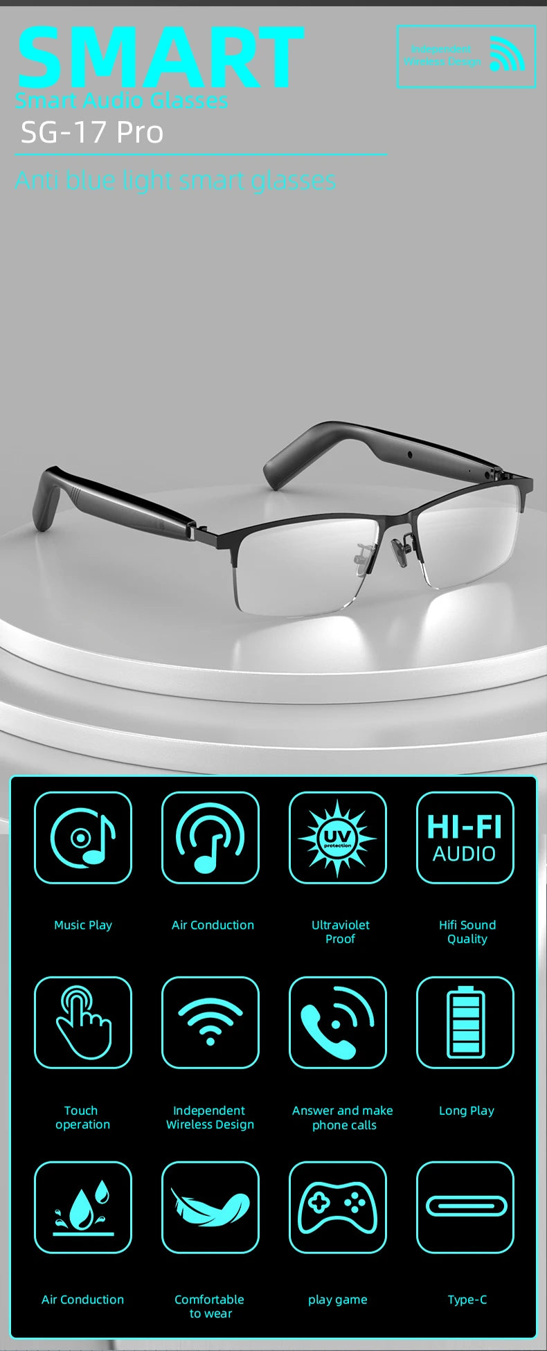 SG-17 Pro 2025 New Bluetooth Smart Glasses Anti-Blue Light Sunglass Music Player Voice Assistant Outdoor Sports Smart Sunglasses