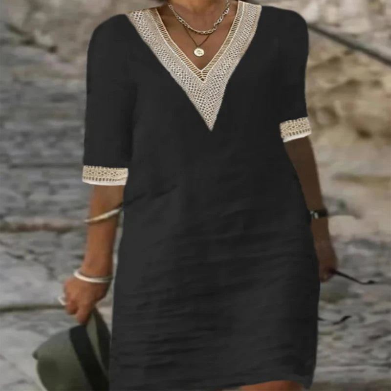 New solid color V-neck mid-sleeved elegant dress