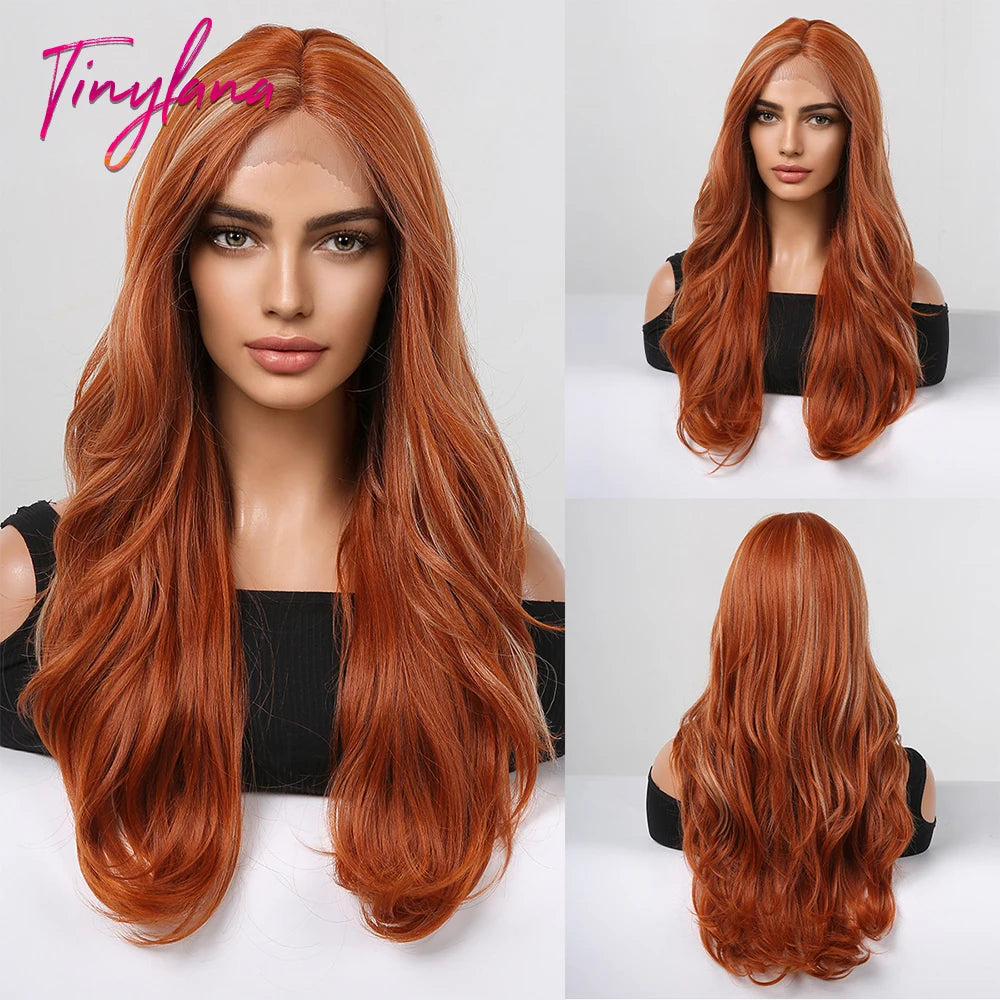 Long Wavy Transparent Lace Front Synthetic Wigs Brown Golden Ombre Lace Frontal Wig for Black Women Natural Cosplay Closure Hair