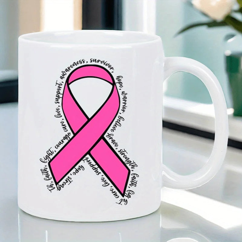 11oz Pink Ribbon Ceramic Coffee Mug with Breast Cancer Awareness Ribbon Design - Insulated Thermal Cup, Hand-Wash Only, Reusable