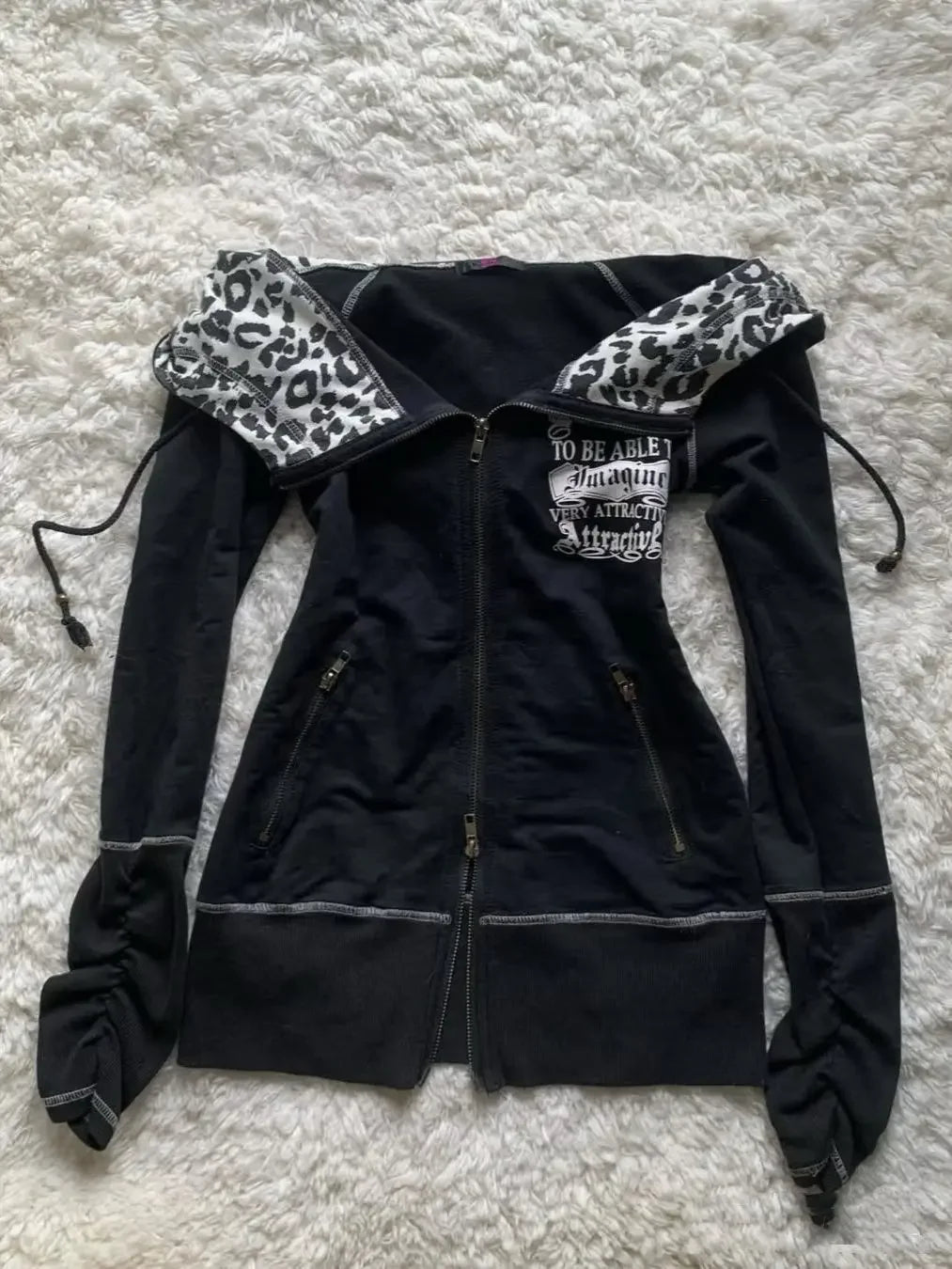 American street hot girl retro print black classic zipper hoodie women's y2k hip-hop trend temperament slim design jacket