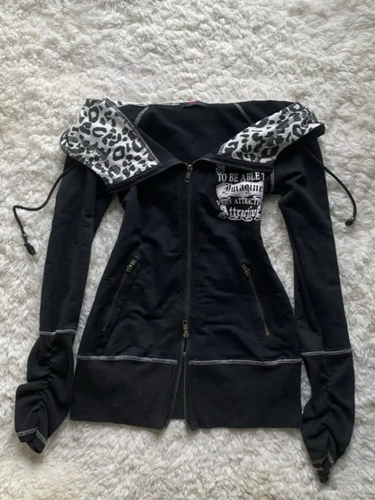 American street hot girl retro print black classic zipper hoodie women's y2k hip-hop trend temperament slim design jacket