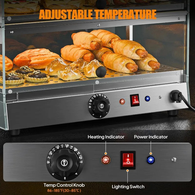 Commercial Food Warmer Display Pizza Warmer, 2-Tier Electric Countertop Food Warmer With LED Acrylic Door Removable