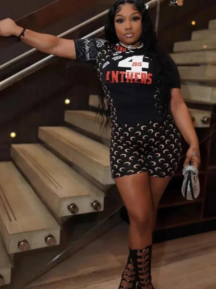 Women 2 Piece Set Short Sleeve T Shirt Shorts Suits Letter Moon Printed Sporty Slim Fit Elastic Autumn Casual Tracksuits