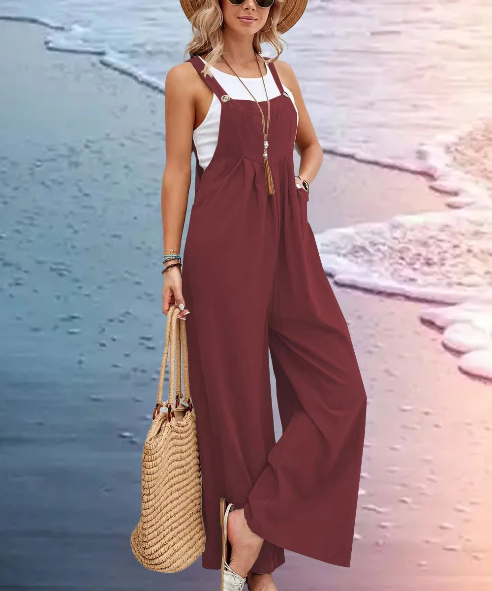 2025 Spring/Summer New Ethnic Style Solid Color Wide Leg Jumpsuit Women Loose Fit Fashion Elegant Casual Overalls Wide Leg