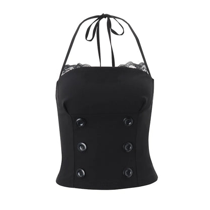 Gothic Y2K Aesthetic Women's Camisole Top Casual Slim Fit Sexy Solid Color Lace Crop Tees Grunge Punk Hotties Summer Streetwear