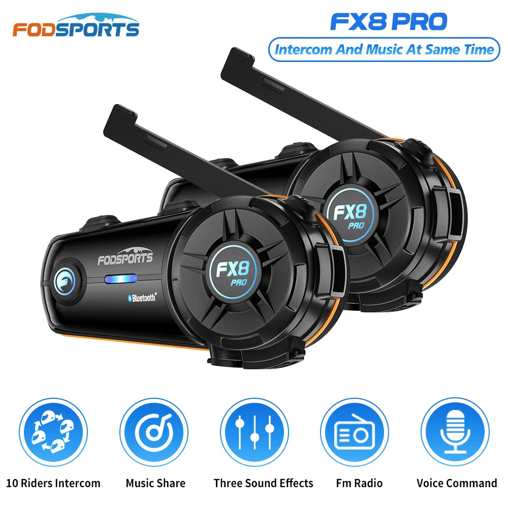 2pcs Fodsports FX8 Pro Motorcycle Helmet Intercom Bluetooth Headset Interphone,10 Riders 2000M,Dual Chip,Support APP.