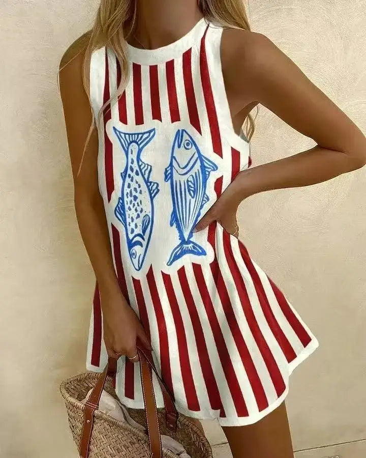 Women Sleeveless Dress Cute Sardines Fish Graphic Print Summer New Short Dress Beach Vacation Party Girl Skirts Dress