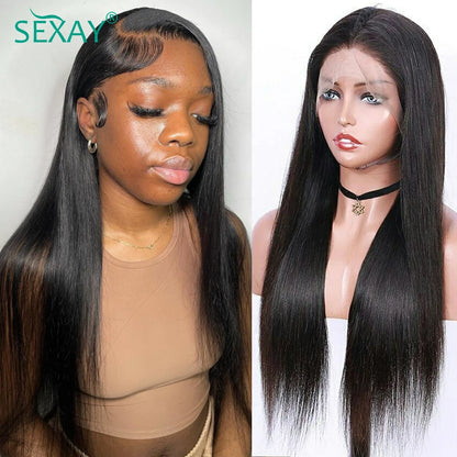 Natural Scalp Lace Front Wig With Bangs 180 Density Sexay Brazilian Straight Human Hair Bang Wigs Pre Plucked Lace Frontal Wigs