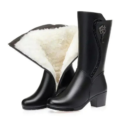 2025 Winter Leather Women Winter Boots Thick Wool Warm Women High-heeled Genuine Boot High-quality Female Snow Boots Women Shoes