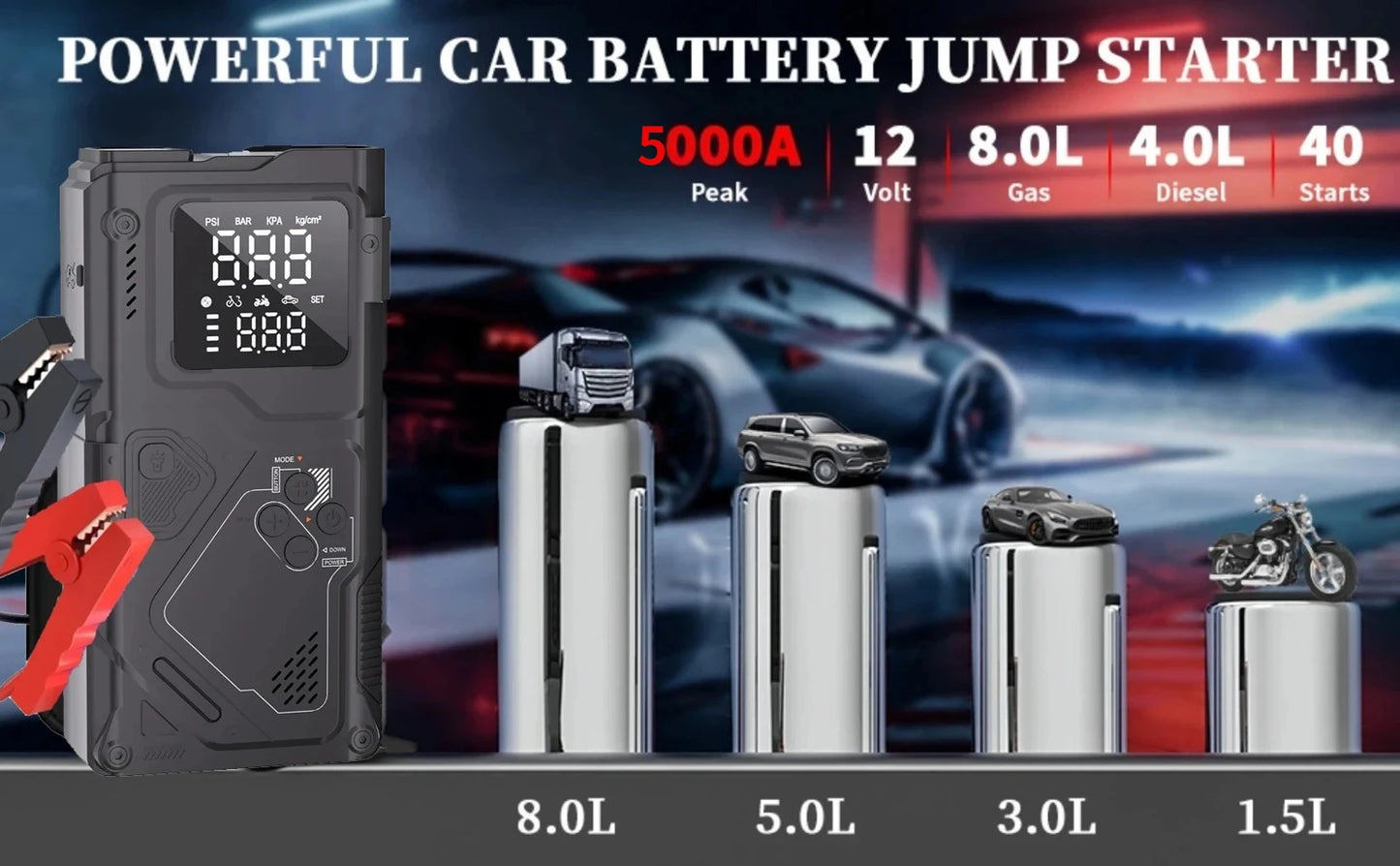 YINGBOOST Car Jump Starter with Air Pump Peak 5000A Booster &150PSI Tire Inflator with DC Power Cord Power Bank 400LM LED Light