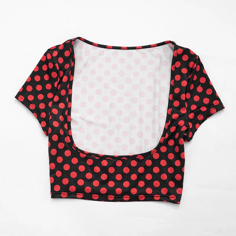 FAGADOER Sexy Woman 3 Piece Set Outfit Polka Dot Print Patchwork Short Sleeve Crop Top and Pants Matching Female Streetwear New