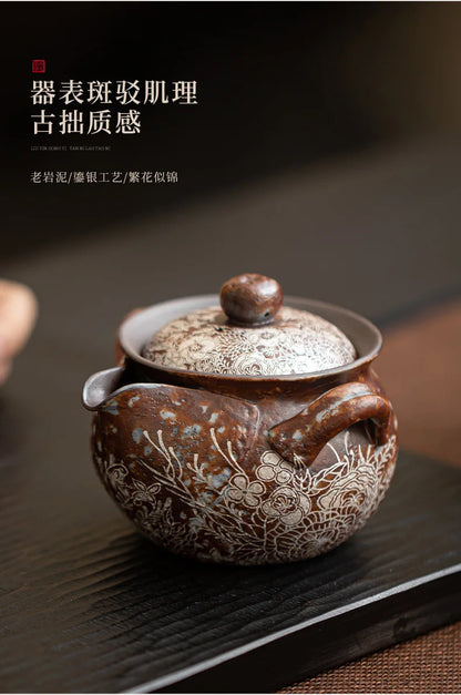 190ml Retro Flower Gilded Silver Hand Grasping Pot Old Rock Mud Treasure Bottle Pot Coarse Pottery Filter Kettle Kung Fu Teaset