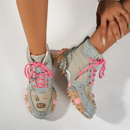 Luxury Rhinestone Casual Women's Sneakers High Top Thick Bottom Loafers 2026 Fashion Comfort Lace Up Women Shoes Tênis Feminino