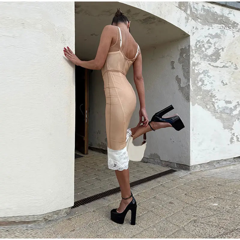 Sheer Mesh Overlay Lace Hem Slip Midi Dress Slim Spaghetti Strap 2026 Summer Elegant Women Bodycon Dress Trendy Date Lady Gown