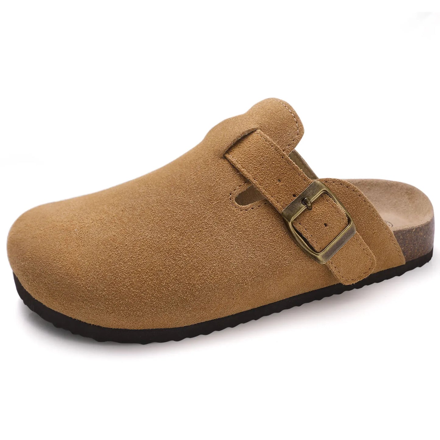 Crestar Women's Suede Clogs Lady Fashion Buckle Leather Mules Comfort Cork Footbed Potato Shoes with Arch Support Beach Sandal