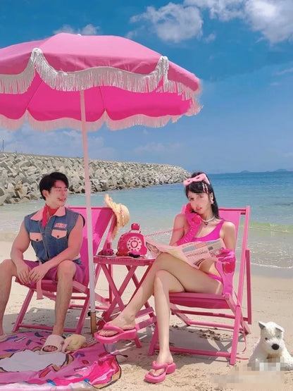 Pink beach parasol, white outdoor props, sun umbrella, garden big beach umbrella promotional advertising umbrella