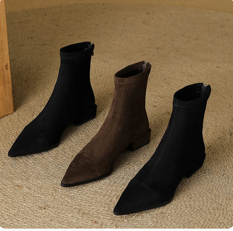 Autumn Vintage Suede Women Ankle Boots Ladies Concise Pointed Toe Thick Heel Short Botas Zapatos De Mujer