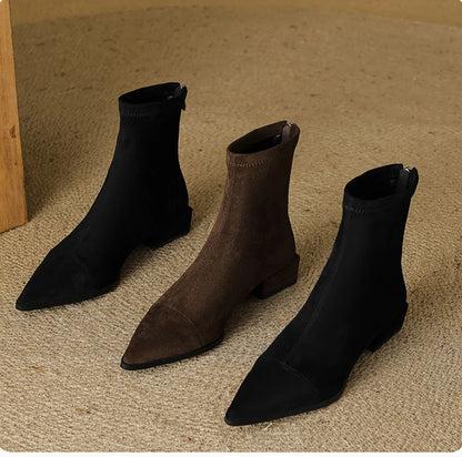 Autumn Vintage Suede Women Ankle Boots Ladies Concise Pointed Toe Thick Heel Short Botas Zapatos De Mujer