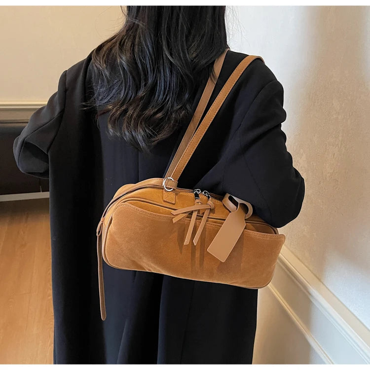 Retro Red Suede Wedding Shoulder Bag Luxury Designer Women Versatile Underarm Bags Elegant Female Large Capacity Handbags