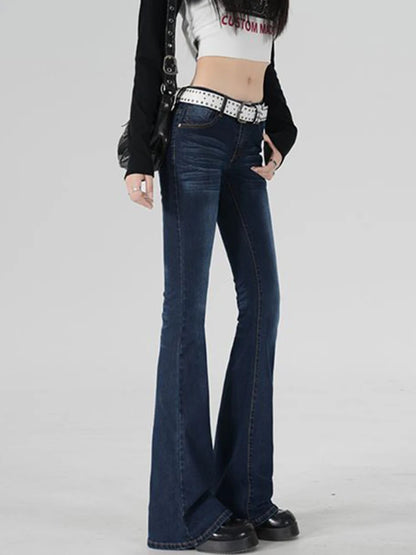 Stretch Flared Jeans Low Rised Pocket Denim Pants Women Y2K Casual Full-length Dark Blue Jeans Vintage 90S Jeans Female Trousers