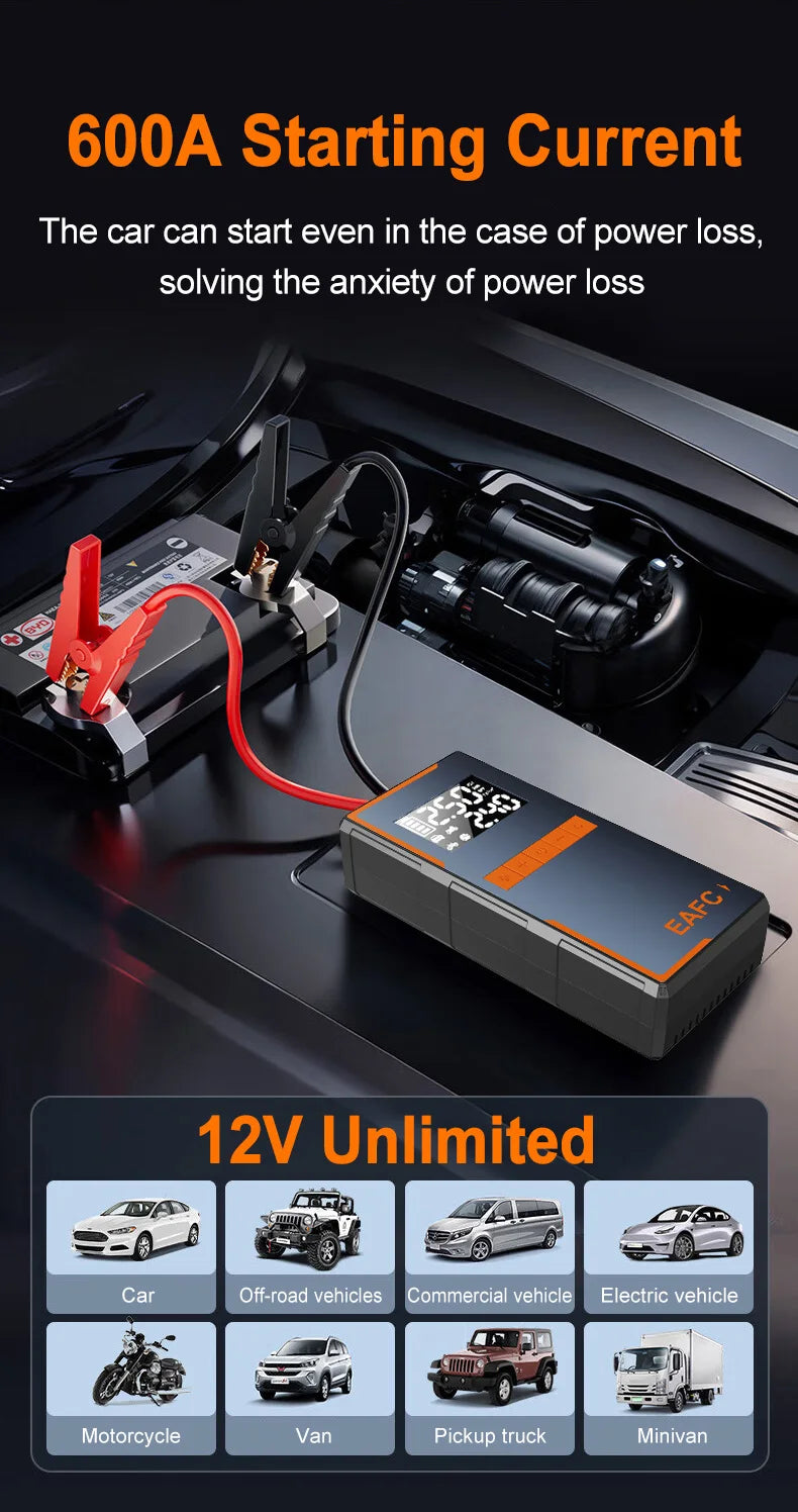 2025 Newest All-in-One Car Emergency Jump Starter & Air Pump 1200A Peak 150PSI Tire Inflator with LED Light & Power Bank