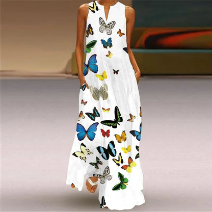 Fashionable V-Neck Sleeveless Long Digital Print Dress with Pocket Summer Sexy XL Women's Clothing Loose Waist Ankle-Length