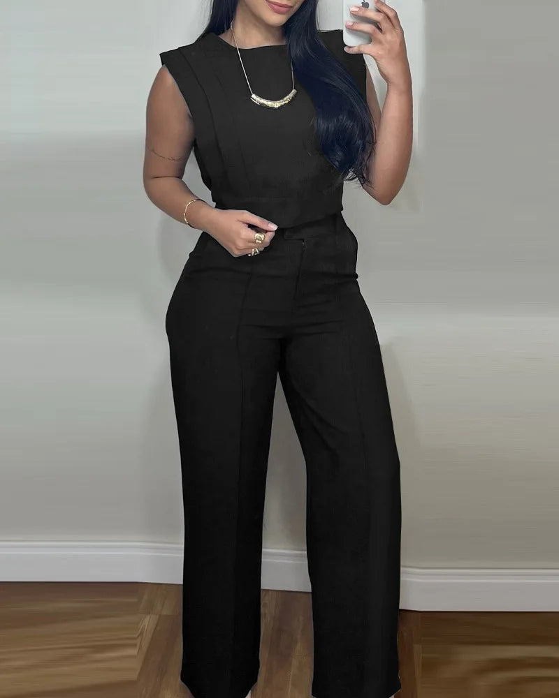 2026 Casual Solid Color Commuting Suit Spring And Summer New Fashion Sleeveless Loose Top With Straight Trousers Two-piece Set