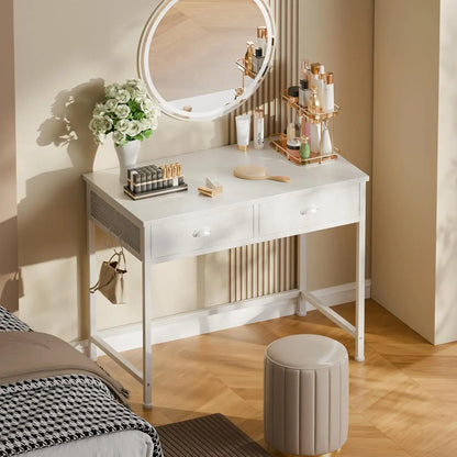 White Small Computer Desk with 2 Fabric Drawers, 34 Inch Home Office Writing Vanity Study Table for Adults Students