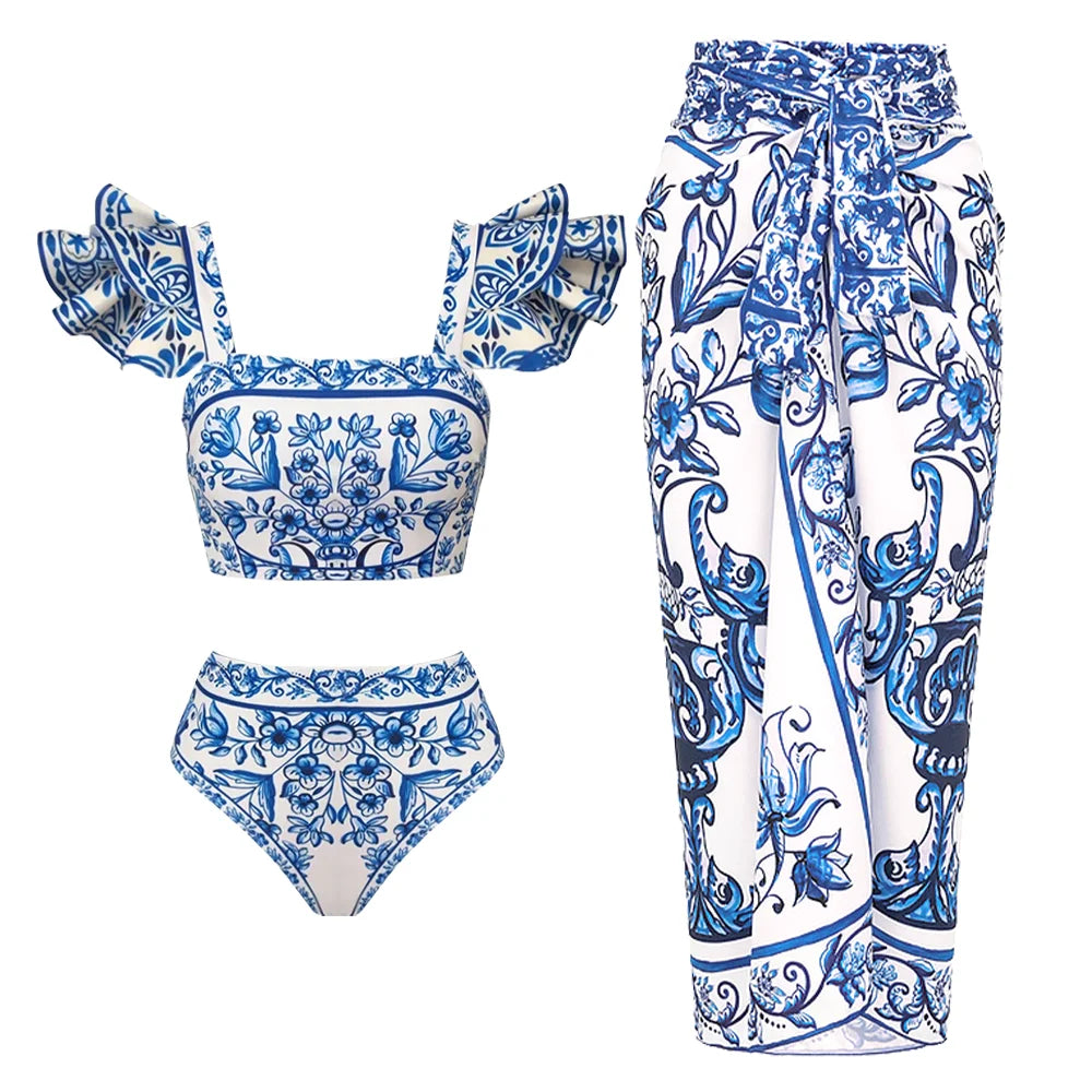 2026 New Sexy Ruffle Bikini Set Printed Brazilian Biquini Women Swimwear Skirt Bathing Suit Girls Summer Beachwear Dress