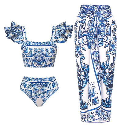 2026 New Sexy Ruffle Bikini Set Printed Brazilian Biquini Women Swimwear Skirt Bathing Suit Girls Summer Beachwear Dress