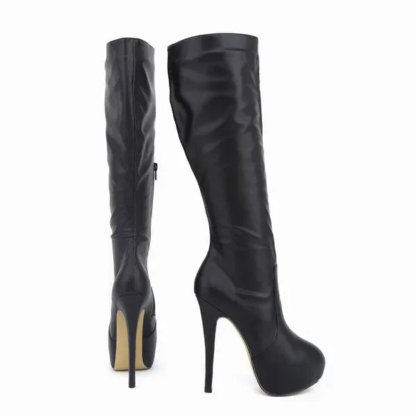 New Large Size Women Boots Autumn Winter Sexy 14cm Super High Heels Long Over Knee Long Boots Leather Round Toe Red Pumps Shoes