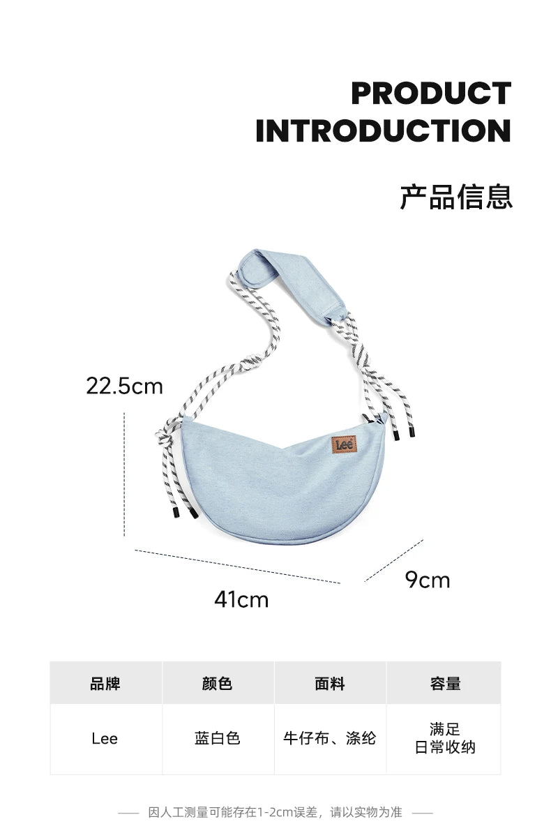 LEE 2025 Teenagers Waterproof Denim Crossbody Shoulder Bag Women Men Stylish Jeans Hobo Dumpling Crescent Bag Student Ipad Pack