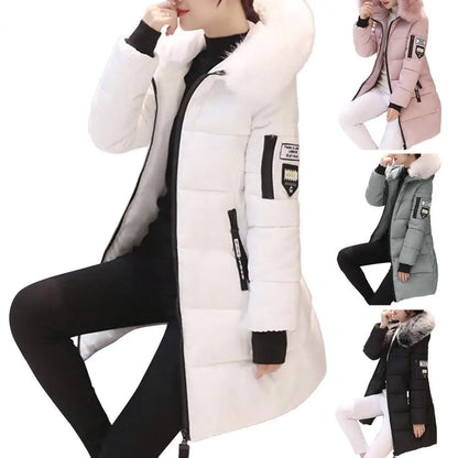 2025 Women Winter Cotton Coat Thickened Padded Stuffed Hooded Mid Length Warm Winter Coat Solid Color Slim Fit Lady Down Coat