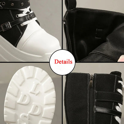 2026 Winter Punk Women Platform Knee High Boots Canvas Patchwork Lace-up Multi Metal Buckle Straps Chunky Heel Motorcycle Boots