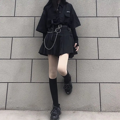 Gothic Skirt Set Loose Shirt Pleated Mini Skirts 2 Piece Sets Korean Retro Casual Outfits Women Spring Summer Aesthetic Y2k Suit