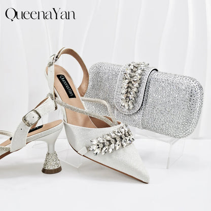 QueenaYan 2026 New Shiny Italian Fashion Pointed Toe Women Heel Fashion Rhinestone Decoration Pink Color Shoes And Bag Set