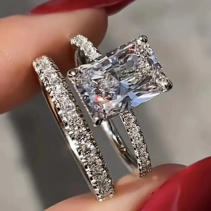 Huitan Rectangular Cubic Zirconia Set Rings for Women Bridal Wedding Accessories Luxury Trendy Engagement Band Jewelry Wholesale