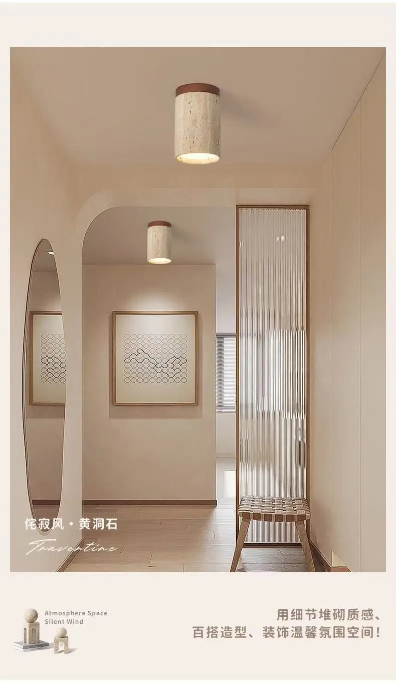 Yellow Travertine LED Ceiling Lamp Japanese Wooden Downlight round Wood Light for Living Room Corridor Porch Balcony
