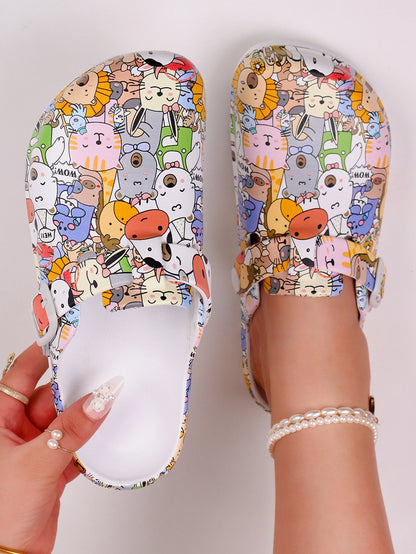 Women's Lightweight Eva Tie-Dye Slippers with Cartoon Animal Prints - Suitable for All-Day Wear, Casual and Outdoor Activities, Flat Garden Shoes, Cute Shoe Style, Summer Flat Slippers, Fun Shoe Design.