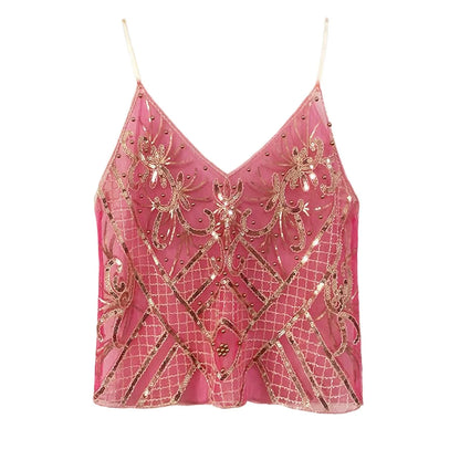 Sexy Sequins Beaded Camisoles Women Glitter Sleeveless Backless Pleated Sling Crop Tops 2026 Spring Summer Club Party Tank Lady