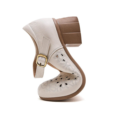 DIMANYU Women Floral Hollow Mary Jane Shoes Genuine Leather Mid Heel Summer Comfort Mother Shoes Ladies Dress Sandals