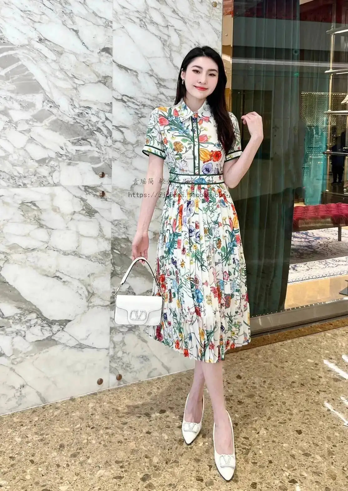 JAMERARY Runway Design Fashion Floral Print Elegant Summer Pleated Midi Long Dress Shirt Street Casual Lady Office Work Dresses