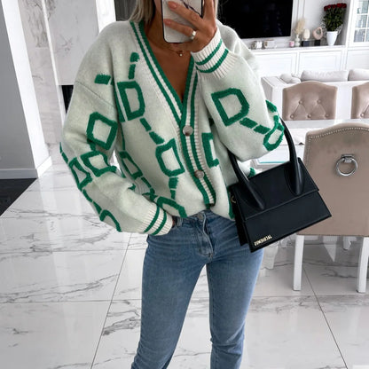 Autumn Winter Jacquard Knitted Coat Women Fashion V-neck Long Sleeve Single Breasted Knitting Cardigan Coats Female Streetwear