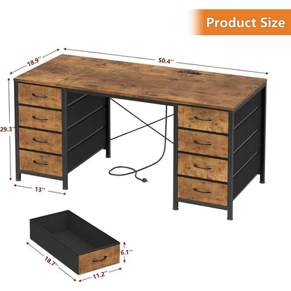 50-inch Rustic Brown Study Desk with 8 Drawers, Power Outlets for Home Office and Gaming